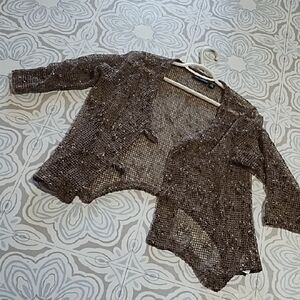 Mesh Knit Open Front Shawl Sweater NINA LEONARD sz Med Brown Tan Super Cute